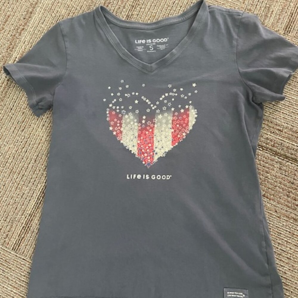 Women's Life Is Good - Blue - USA Heart - Small Crusher T-Shirt